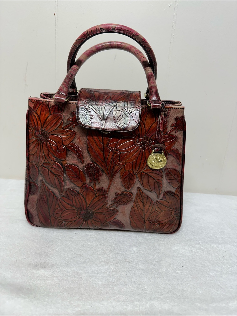 Rare vintage Embossed Brahmin Burgundy Floral Embossed Leather Satchel